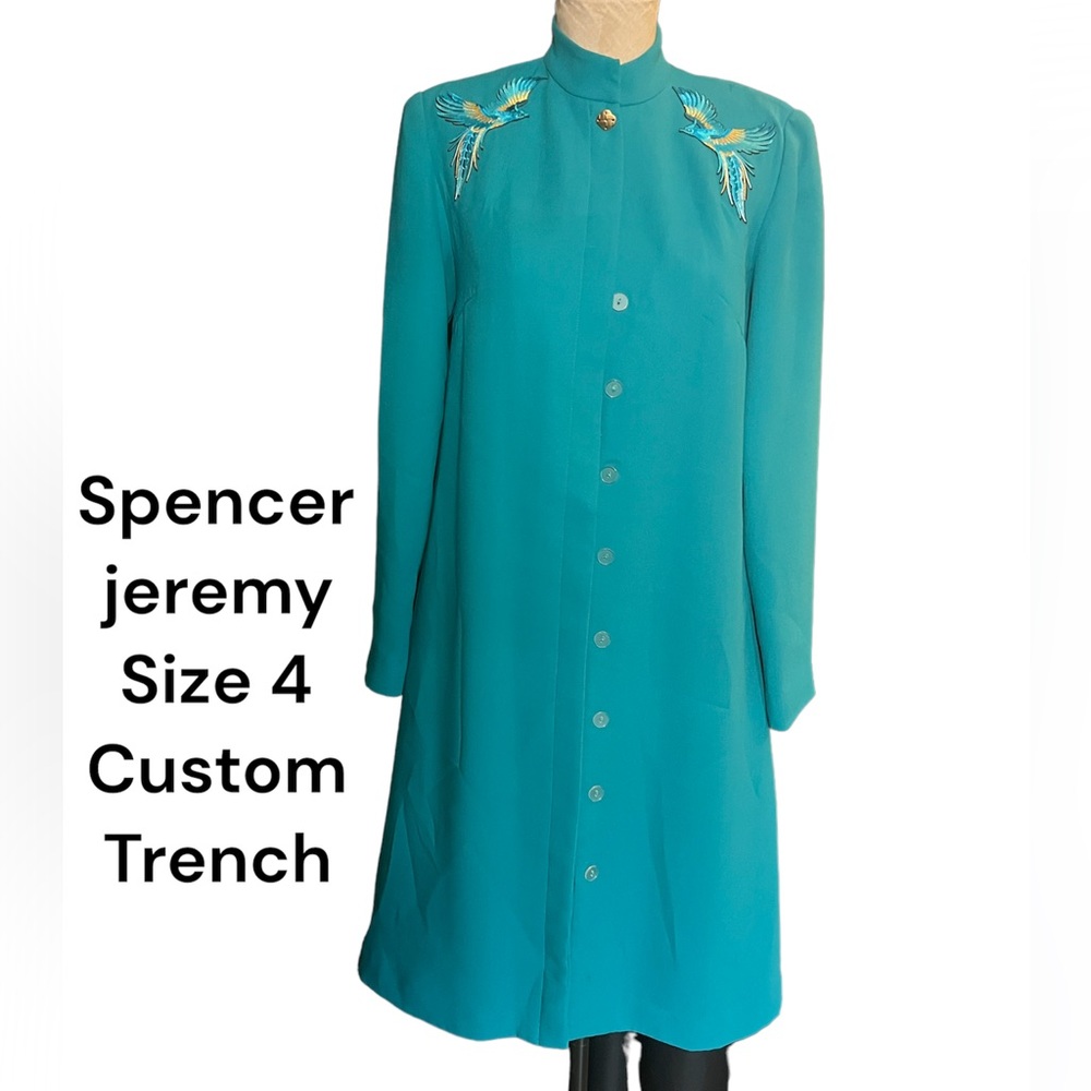 Custom teal tench jacket with two blue bird patches